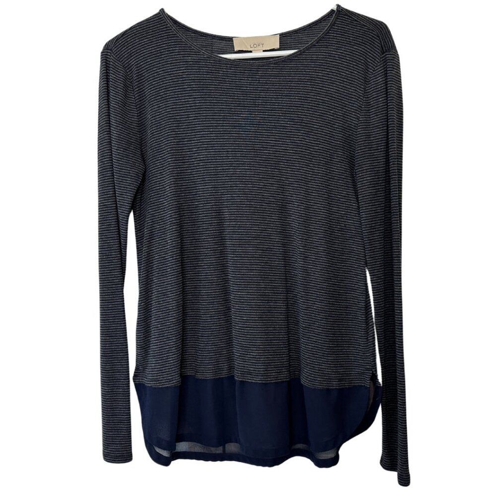 LOFT Striped Top | Size M | Gray and Navy Stripes with Chiffon Sheer Bottom Trim